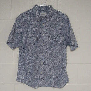 GOODFELLOW TROPICAL PINEAPPLE PRINT,  BUTTON UP, SLIM, LARGE SHIRT IN DENIM BLUE